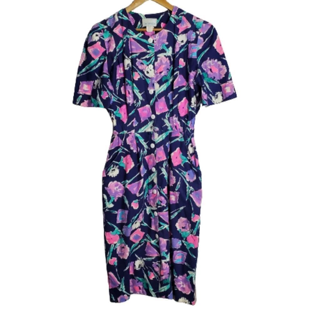 Vintage Periwinkle Dress Womens Size 10 Purple Floral Button Down Cottage Pinup
